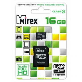 Карта памяти microSDHC 16GB Mirex (Class 10), с адаптером