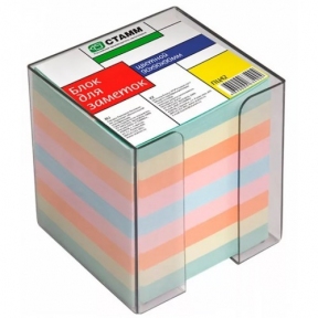 Блок для записей 90х90х90 мм., в прозрачном боксе, цветной